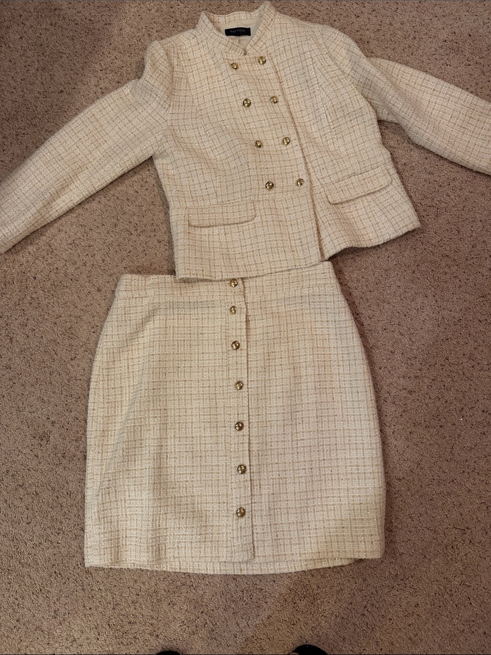 Talbots Cream Tweed Two-Piece Skirt Set with Gold Buttons